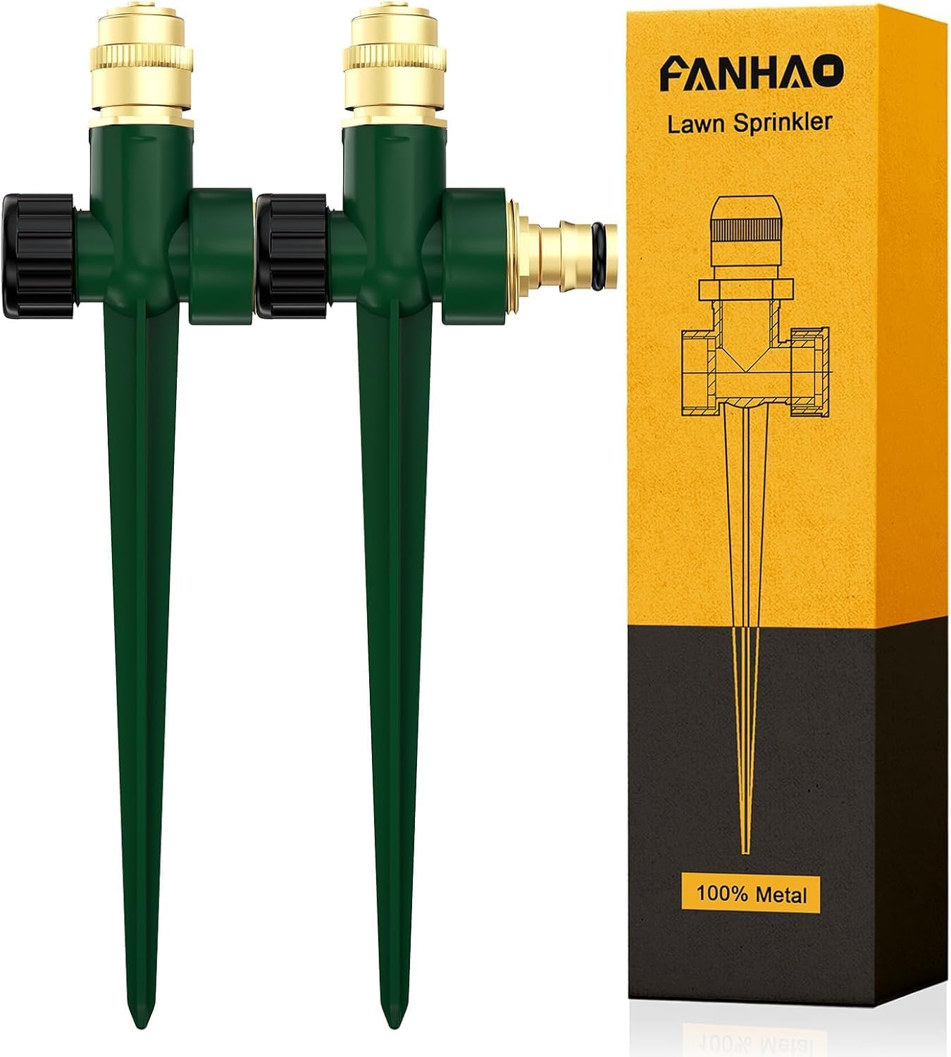 FANHAO 2 Pack Metal Lawn Sprinkler for Yard, Automatic Garden Water Sprinkler on Spike Base, Adjustable Brass Sprinkler Nozzle 360 Degree Large Area Coverage for Lawn Grass Patio Garden Irrigation image number 5