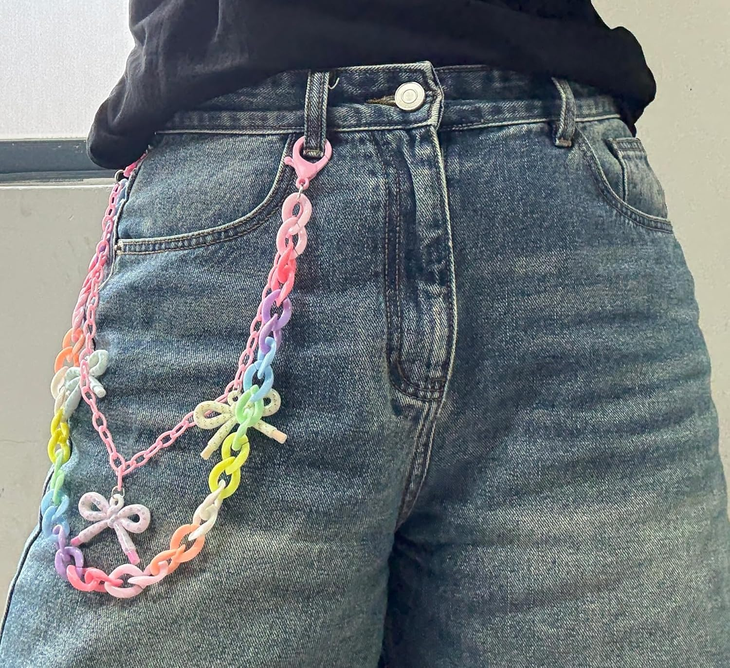 Rainbow Pants Chain Acrylic Bow Trousers Chain Colorful Lovely Layered Punk Jean Belt Chain for Women Bag Wallet Key Chain image number 2