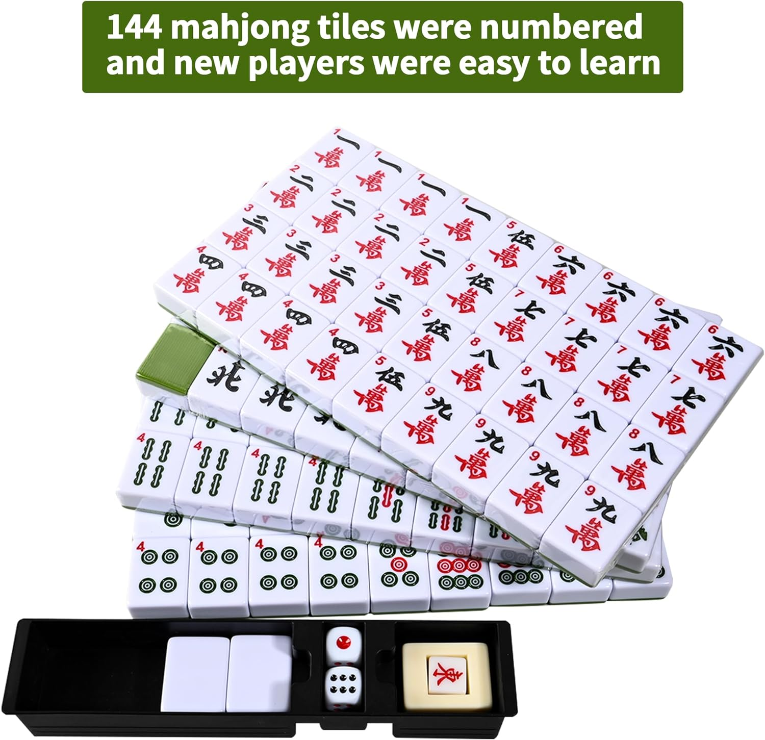 Lehom Large 36MM Chinese Mahjong Set 144Pc Mahjong Tile Set English Characters Mahjong Board Game with Case Mahjong Game Set for Travel Party Family Game Portable Mah Jong 麻将 (Mah Jongg, Majiang)