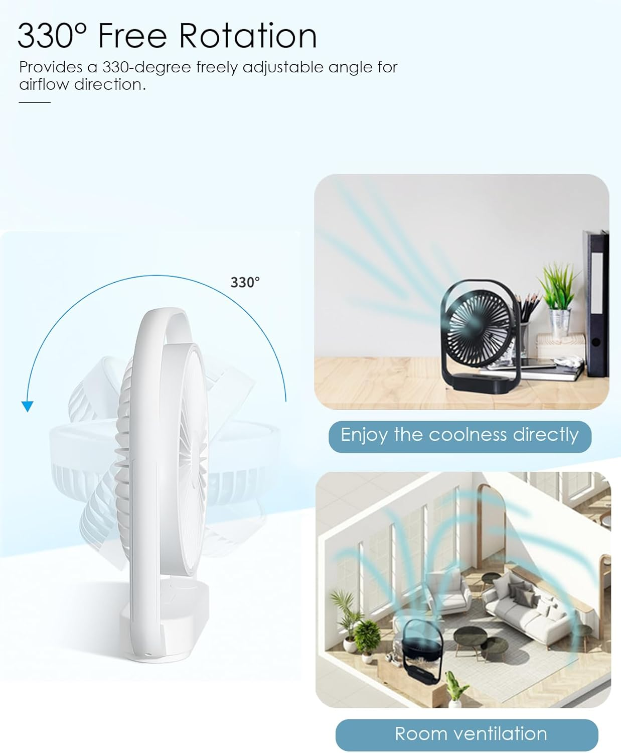 Acemining Fan, Silent Fans & Cooling, Rechargeable Fans, Desk Fan with 4 Speed, USB Fan with Night Light, 330&deg; Rotation Electric Fan, Small Table Fan for Bedroom Office Bedside image number 4