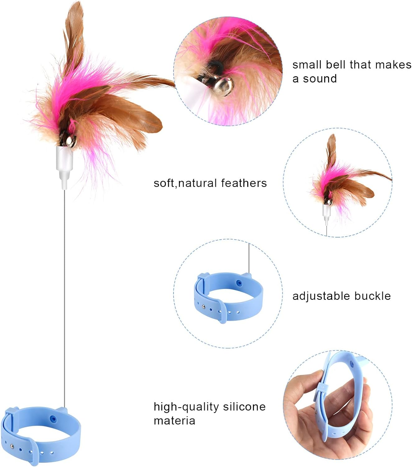 Cat Teaser Toy, Cat Wand Toy Retractable Cat Feather Toys with Silicone Collar Interactive Cat Toys for Indoor Cat Kitten Exercise (Blue, Pink)