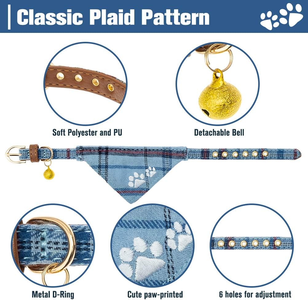 EXPAWLORER Dog Collar and Leash Set - Pawprint Plaid Collar with Bow Tie and Bell, Cute for Dogs and Cats, Blue S-M image number 1