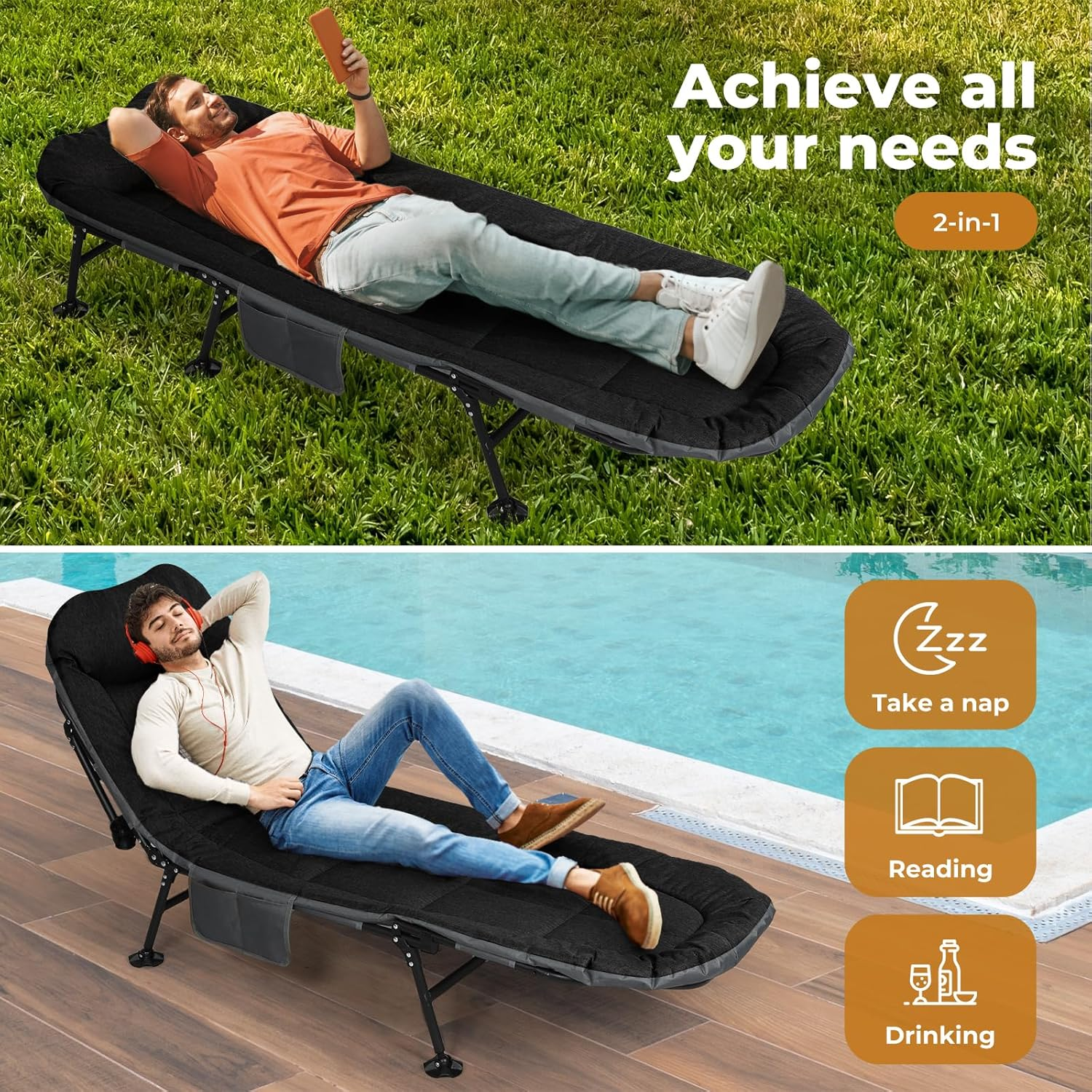 Levede Folding Camping Cot for Adults W/Cushion and Pillow, Camping Loungers Outdoor Portable Sleeping Camping Bed, 6-Position Adjustable Backrest,Lightweight Tent Cot, for Home,Beach,Patio(Black) image number 1