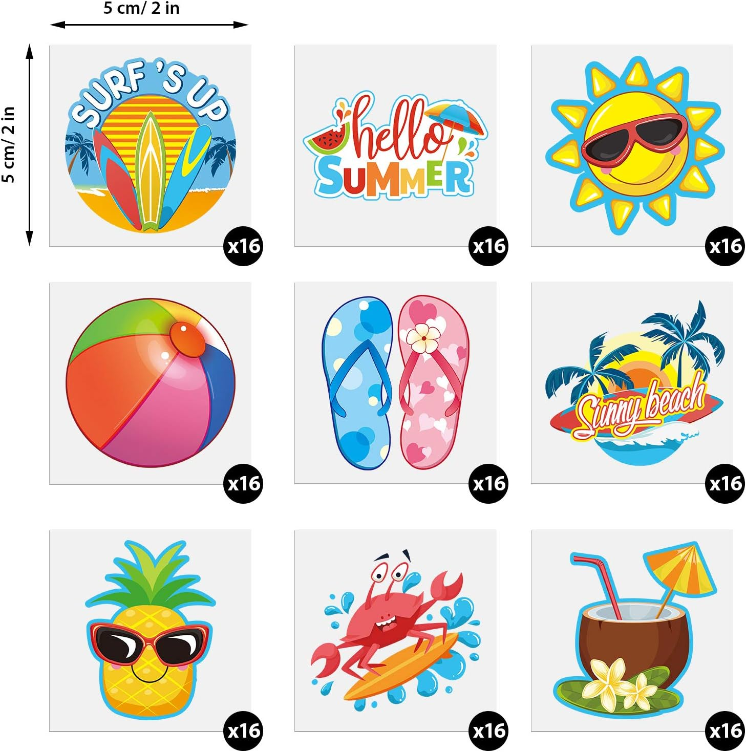 144 Pieces Kids Tattoo Summer Party Tattoo Hawaiian Luau Themed Tattoos Tropical Beach Tattoos Waterproof Temporary Tattoos Stickers Party Decoration Supplies for Adults, 9 Styles image number 1