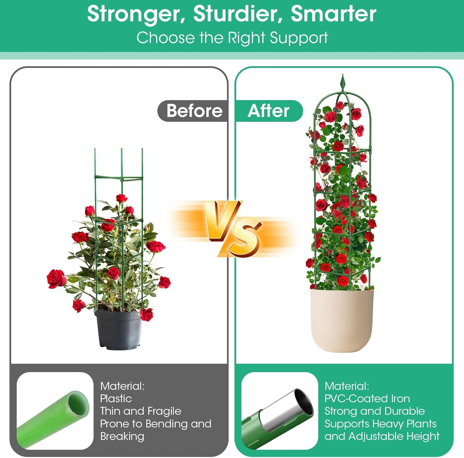 2 Pack Garden Obelisk Trellis for Climbing Plants, 70.87" Metal Rustproof Plant Support Rose Trellis, Tower Potted Cages for Flowers Fruits Vegetable Vines Indoor & Outdoor, Green(4 Tiers) image number 2