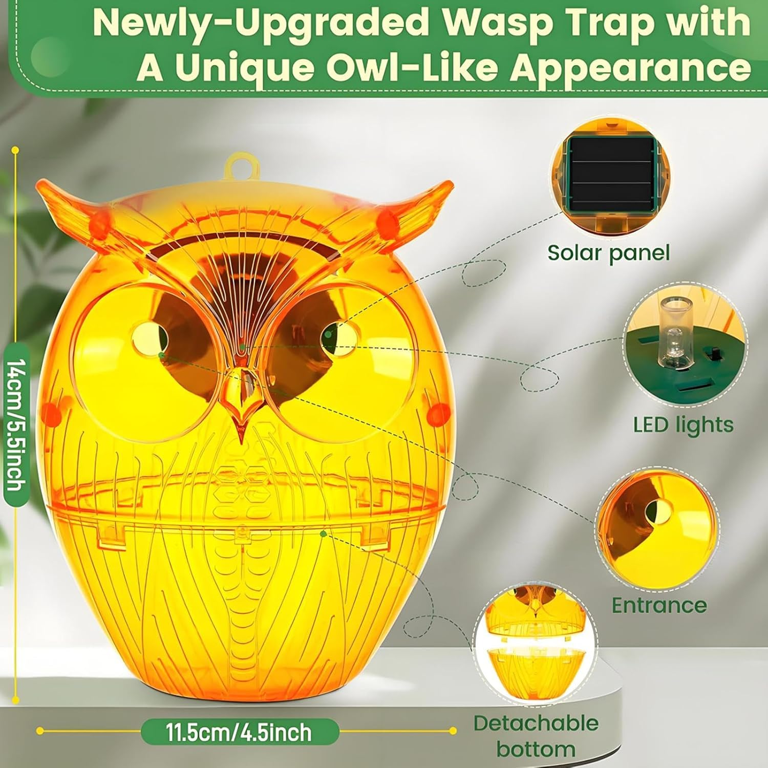 Uoqpty Wasp Catchers for Outside,Solar Owl Shape Carpenter Bee Trap with LED Light | Gardening Supplies for Camping Orchard Shed Picnic Fruit Trees Backyard Pool Area Nature Attic Porch image number 3