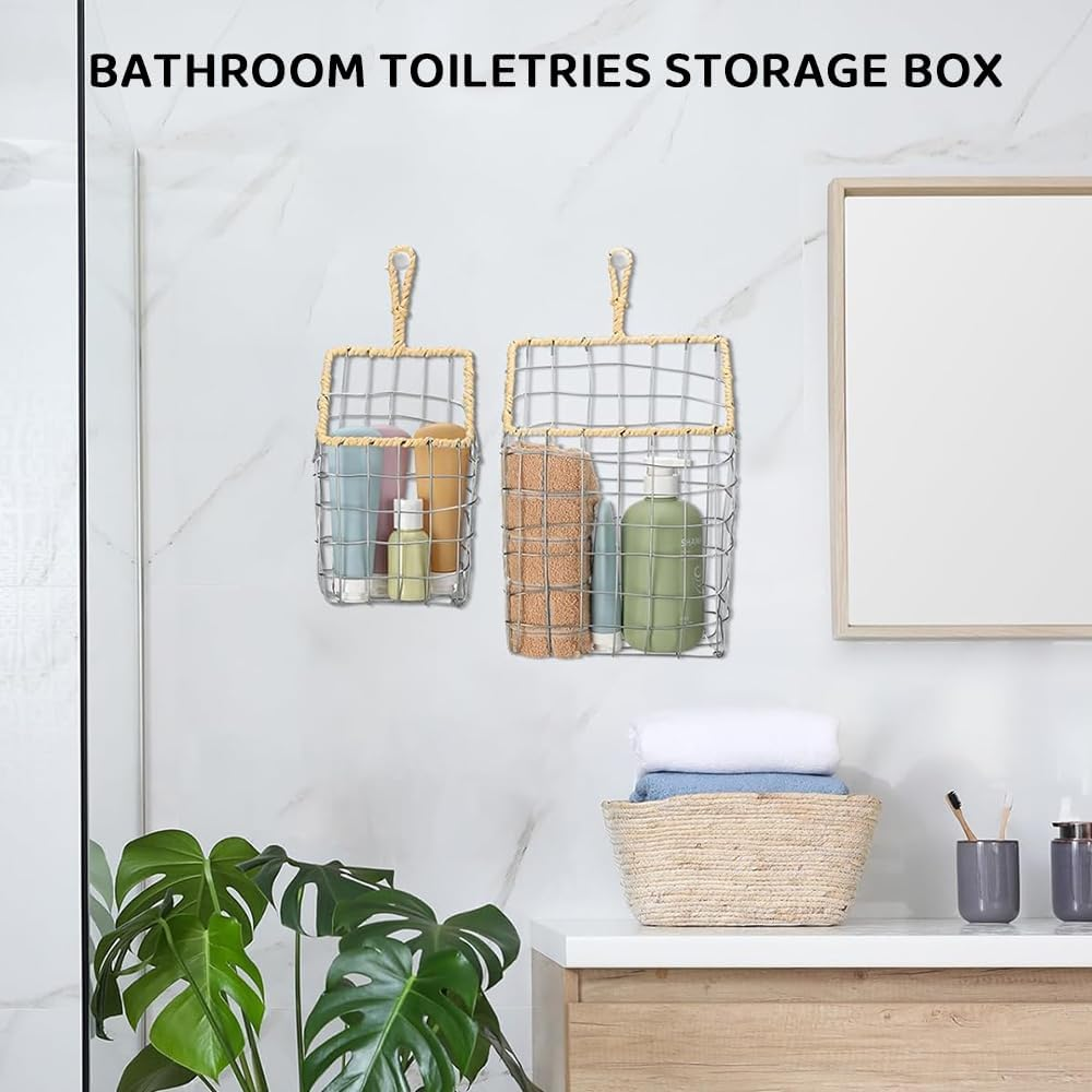2 Pcs Hanging Wall Storage Baskets &ndash; Rustic Handwoven Wire Organizer for Kitchen, Bathroom, Pantry, Mail, Files image number 4