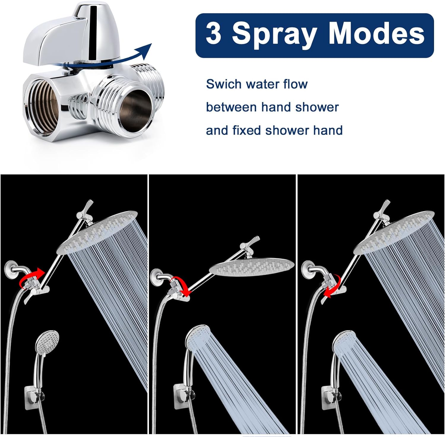 Nearmoon Solid Brass G1/2" Shower Arm 2-Way Diverter Valve for Hand Shower and Fixed Spray Head T-Adapter (Chrome Finish) image number 3