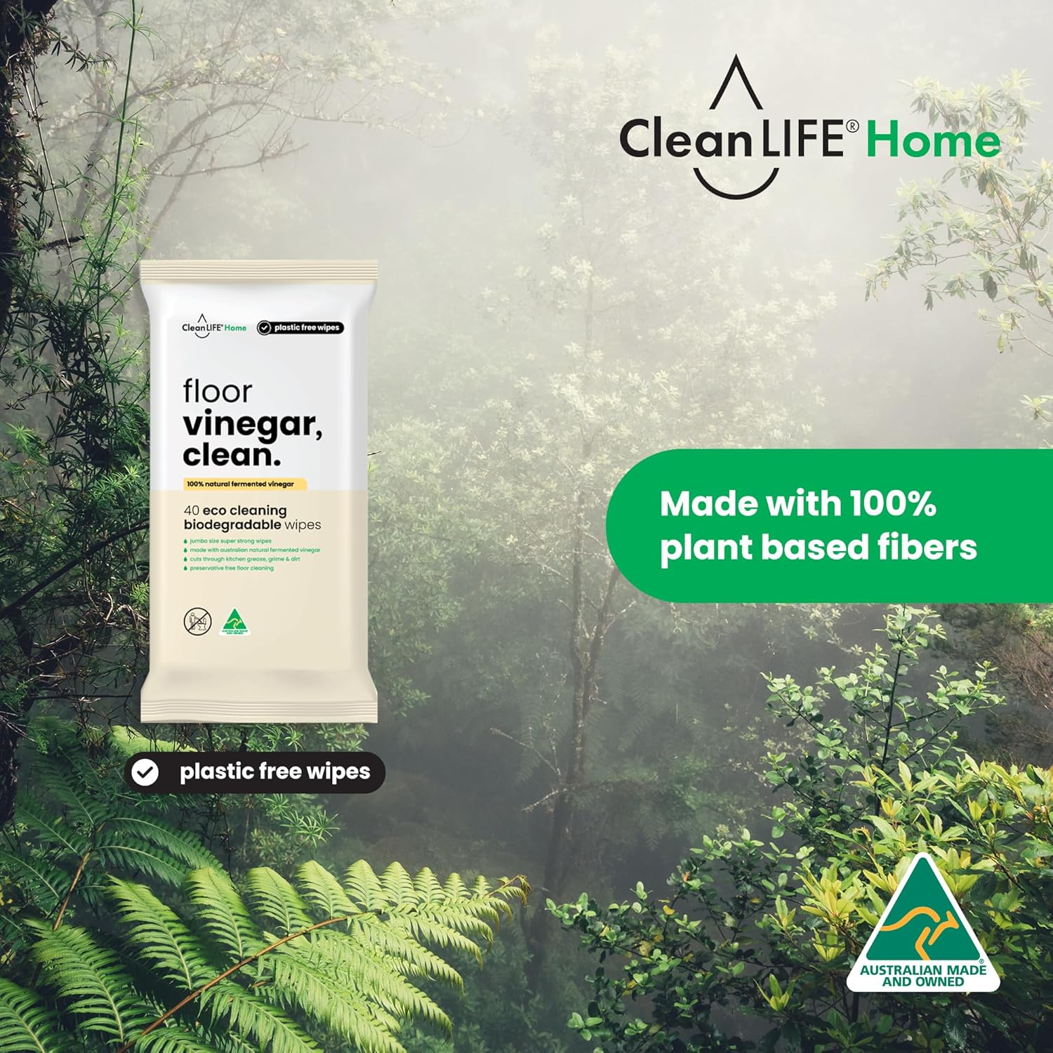 Cleanlife Floor Cleaning Wipes &ndash; Vinegar, Clean, 100% Natural Fermented Vinegar (9.99% Acetic Acid), Food Safe, Plant-Based, Preservative-Free, 40 Wipes, 5-Packs image number 4