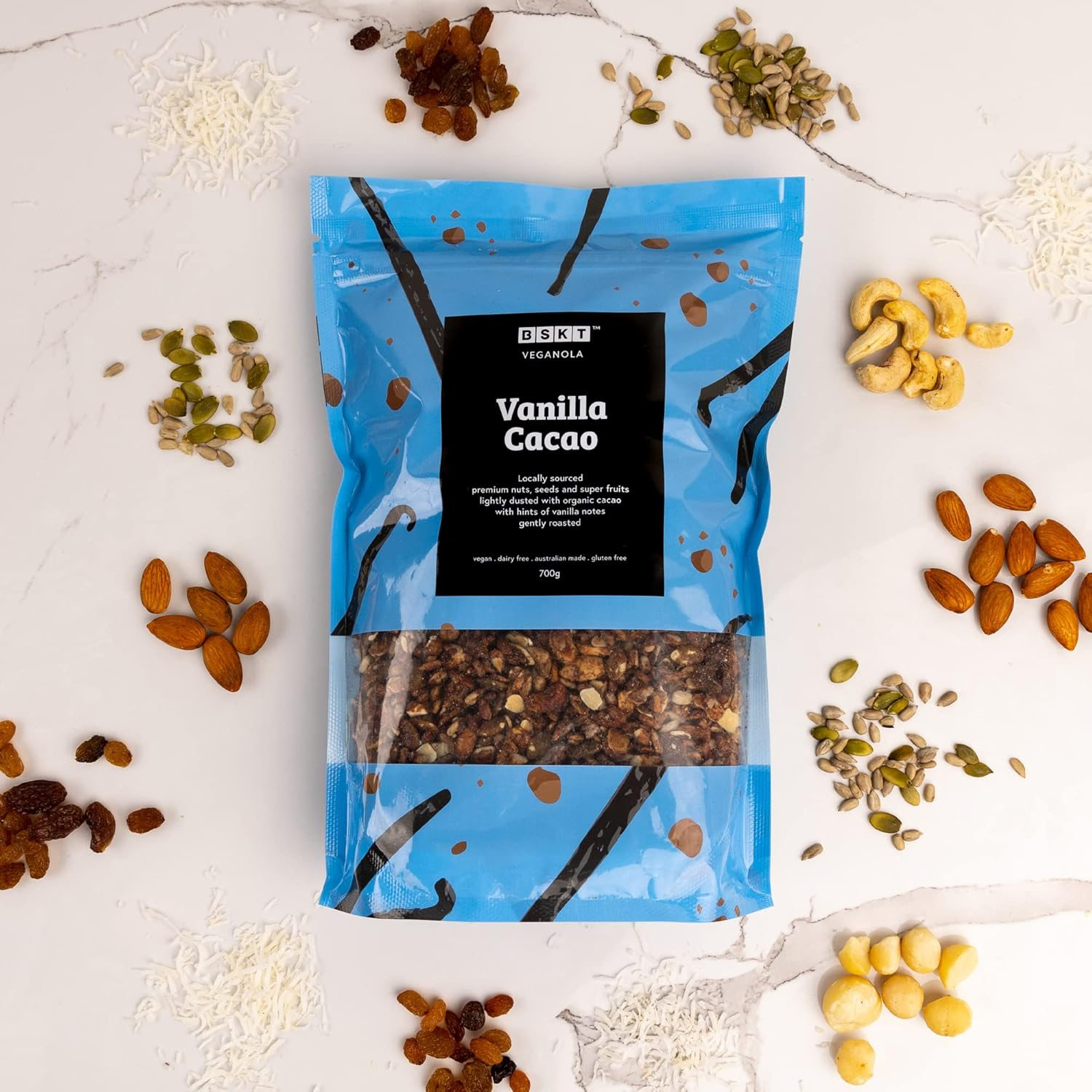 BSKT WHOLEFOODS - Vanilla Cacao Veganola - Granola Breakfast - Gluten Free Non GMO Plant Based - Added Hints of Vanilla Notes - Plant Based - No Use of Refined Sugar - Dusted Organic Cacao - for Snack and Dessert - Healthy Vegan Breakfast - 700G Bag image number 5