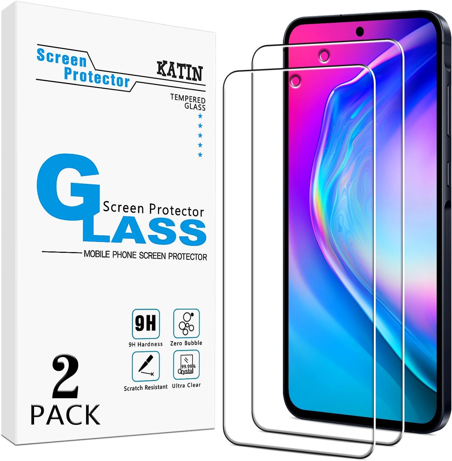 (2 Pack) KATIN Screen Protector for Samsung Galaxy A55 5G Tempered Glass, anti Scratch, Bubble Free, 9H Hardness, Case Friendly