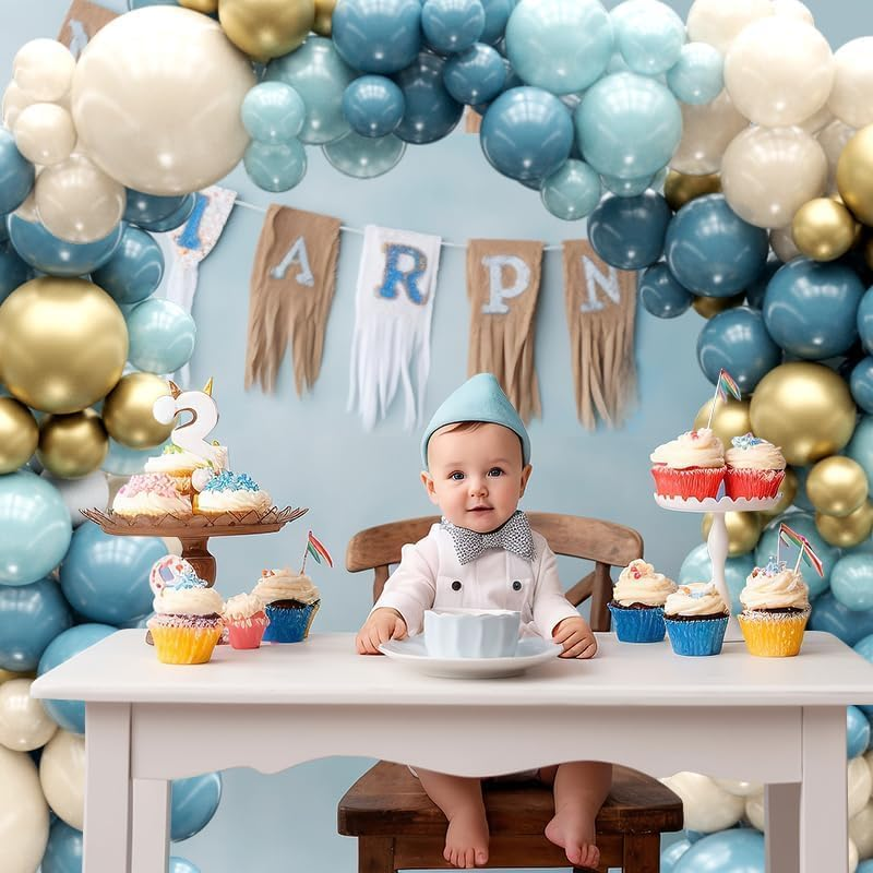 Dusty Blue Balloons Arch Kit,140Pcs Blue Balloons Arch Garland Kit with Sea Blue Gold Balloon,Sand White Nude Balloons for Boys Baby Shower,Birthday Party Decoration,Graduation Decor,Wedding image number 2