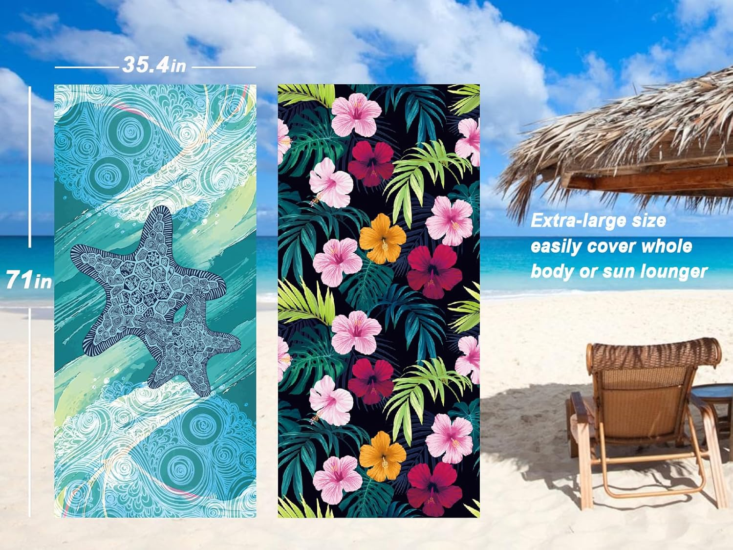 Bongu Beach Towel Sand Free 180X90Cm 2 Pack with Travel Bag, Quick Dry Pool Towels Oversized Travel Towel Lightweight for Beach Party, Pool,Baths Large Towels (Starfish & Flowers) - Seahorse  Baracoa image number 3
