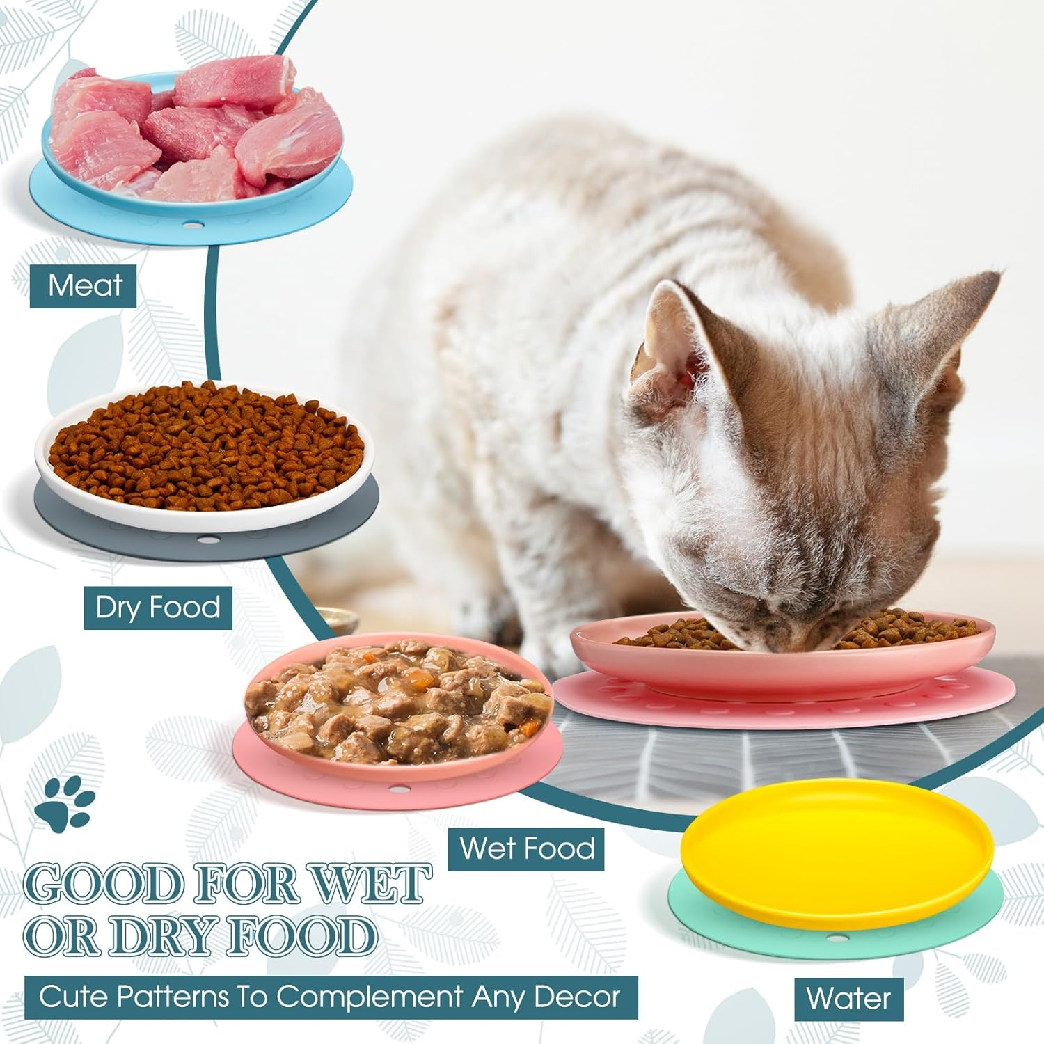Blulu 4 Ceramic Cat Bowls with 4 Non-Slip Silicone Mats Flat Cat Feeding Bowls to Relieve Whisker Fatigue Cat Food Plate for Kittens Small Pets Water Wet Food