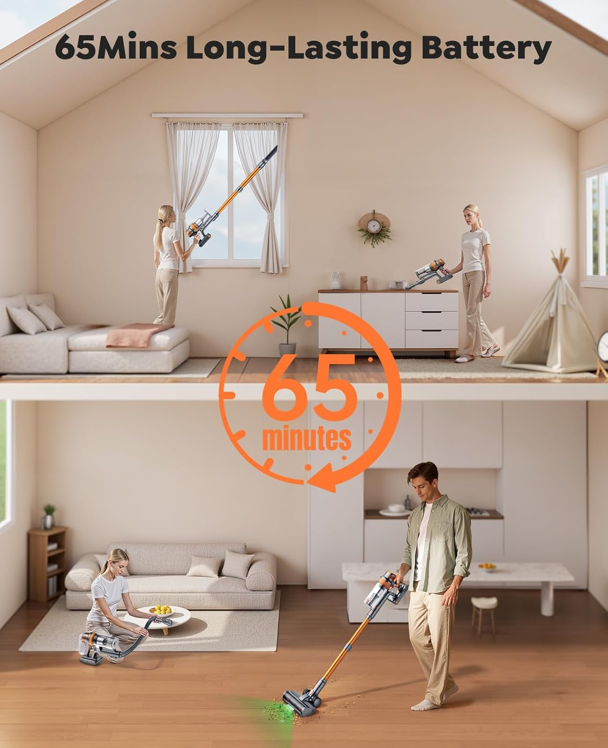 Cordless Vacuum Cleaner, Upgraded 600W/50KPA 65Mins Detachable Battery, Powerful Stick Vacuum with Self-Standing Feature, Auto Mode, Wall Charging, LED Display, Vacuum 1M Extendable Hose for Home/Car image number 3