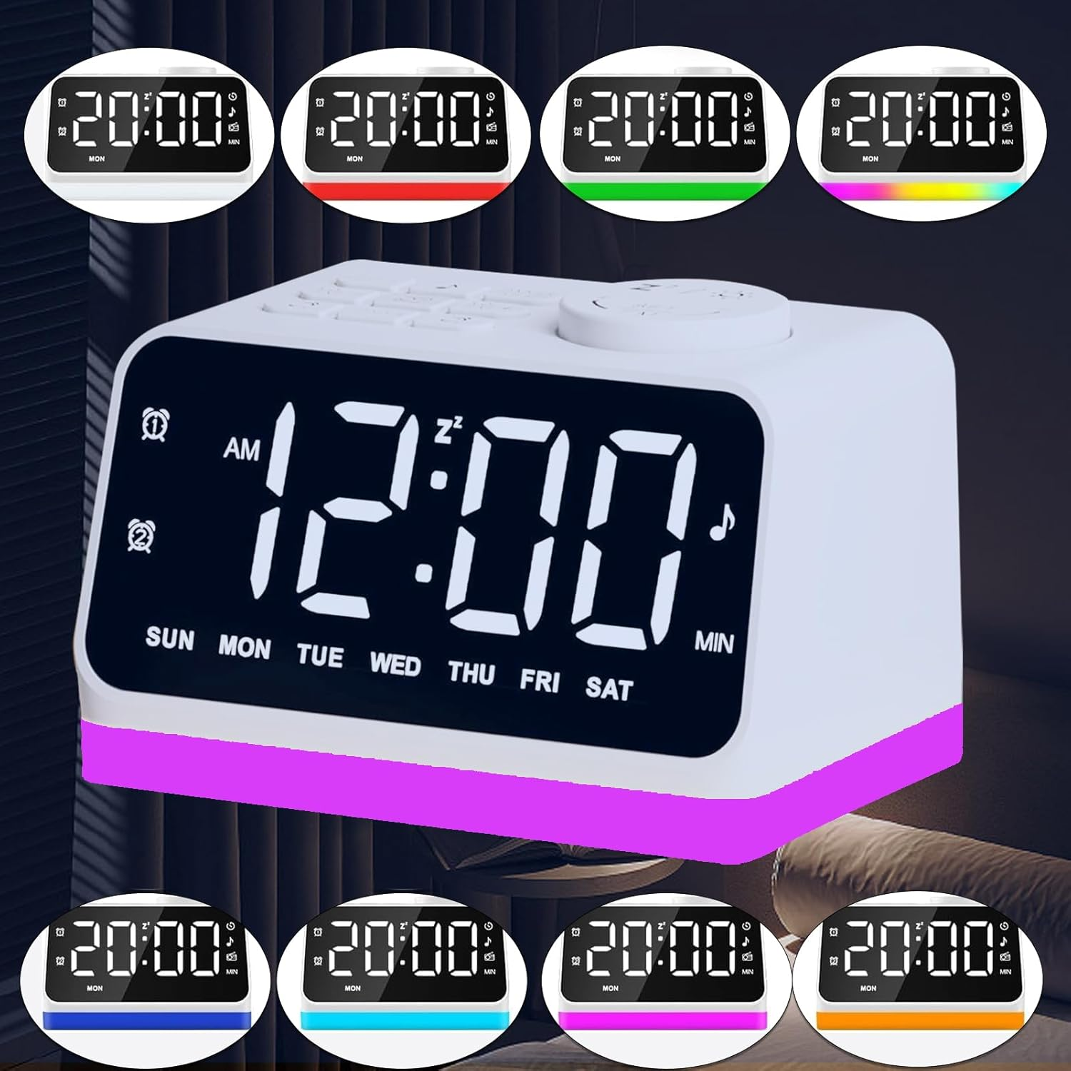 Digital Alarm Clock for Bedroom, 8 Colors Night Light with 2 Charging Port, Sleep Sound Machines with Timer, Dual Alarm, 12/24H, Loud Alarm，Fm Radio and Easy to Use for Seniors and Kids as Gift image number 3