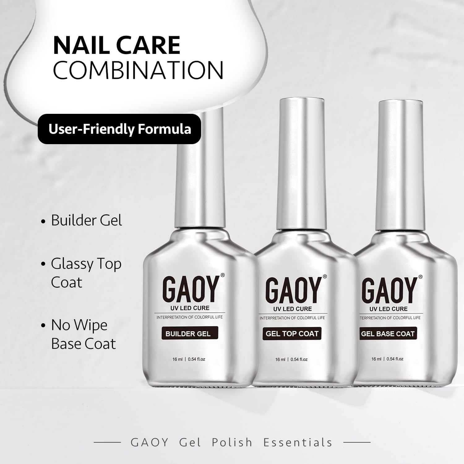 GAOY Gel Top Coat, Builder Gel and Base Coat Set, 3 Pcs 16Ml Clear Glossy No Wipe Combination for UV Light Cure Gel Nail Polish - Gel Top Coat, Builder Gel And Base Coat image number 3