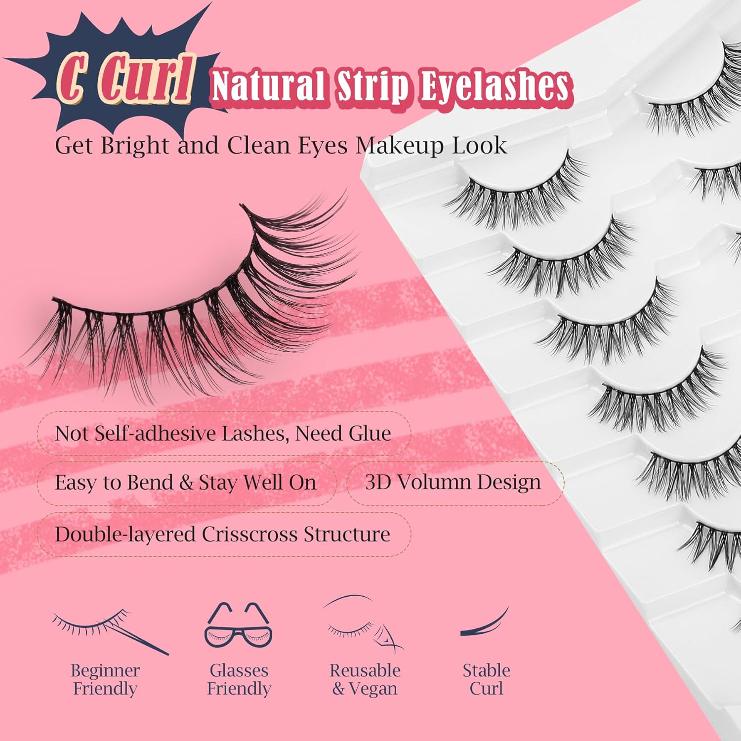 Siligli Natural Cat Eye Eyelashes, Artificial Eyelashes, Fine Eyelashes, Fluffy Eyelashes, Pack C Curl Eyelashes, Soft Artificial Eyelashes, 12 Mm, Short Eyelashes, Siligli 7 Pairs image number 4