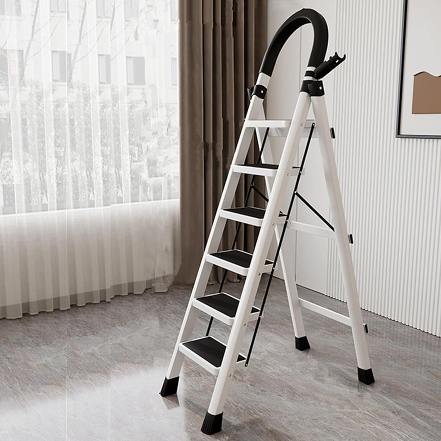 Stusgo 6 Step Ladders, Aluminium Folding Step Ladder,Sepladder Multi Height Platform for Home Office Warehouse, 150Kg Capacity Portable Non-Slip Upgrade the Security Buckle (White and Black) image number 6