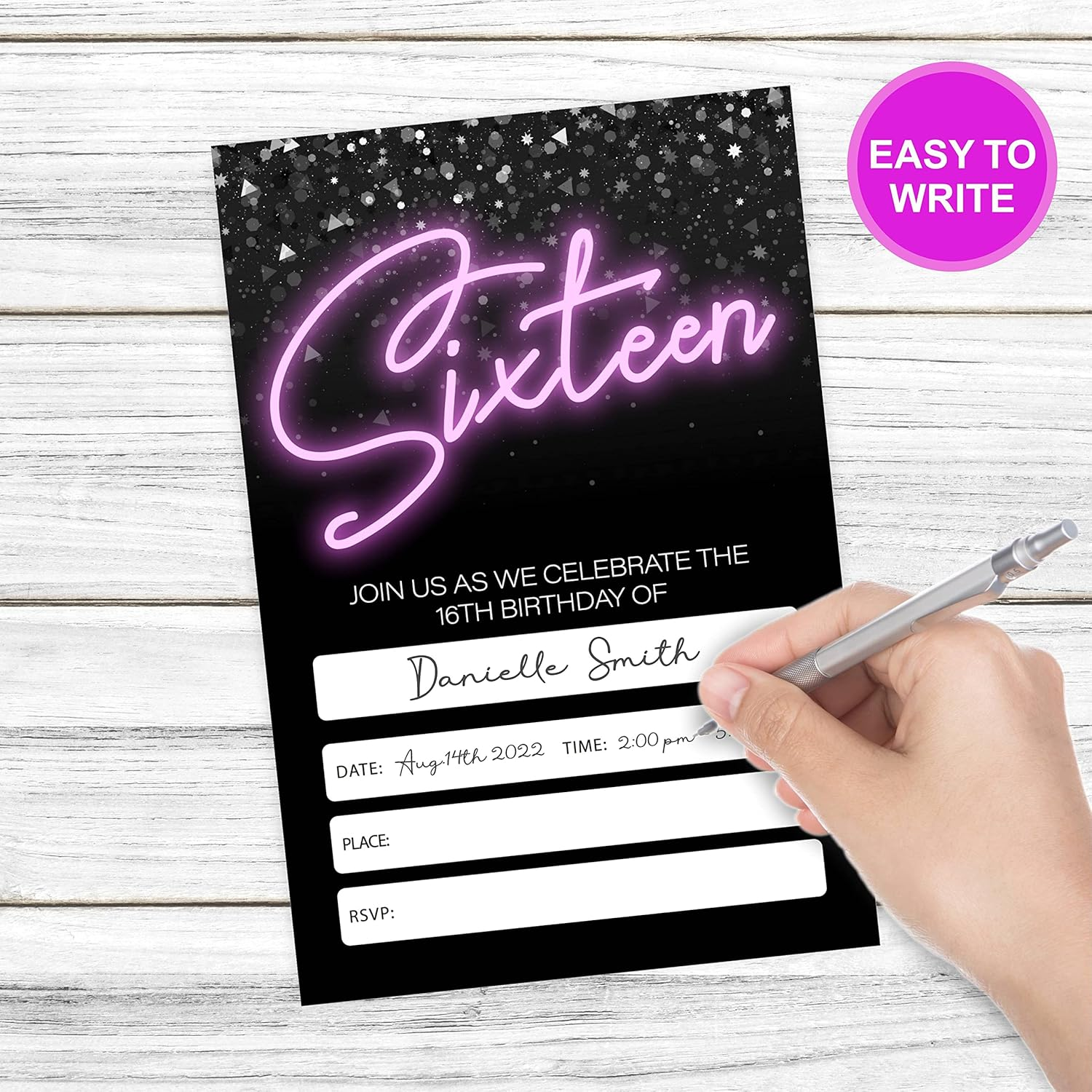 Neon 16Th Birthday Invitations, Glow Theme Birthday Party Invites Decorations, Kids Adults Birthday Party and Events Supplies, 20 Fill-In Invites Cards with Matching Envelopes（Yqk-023） image number 3