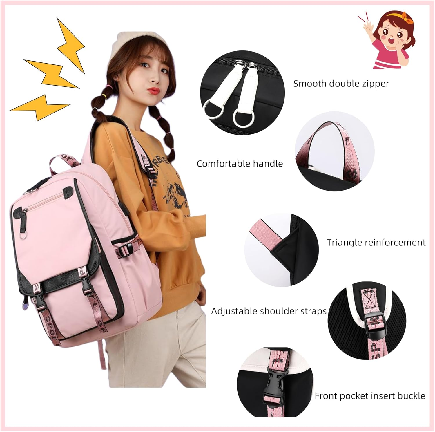 Backpack for Girls Casual Daypack Nylon Waterproof Kids Elementary Middle Schoolbag Children Bookbag - Black+Pink image number 5