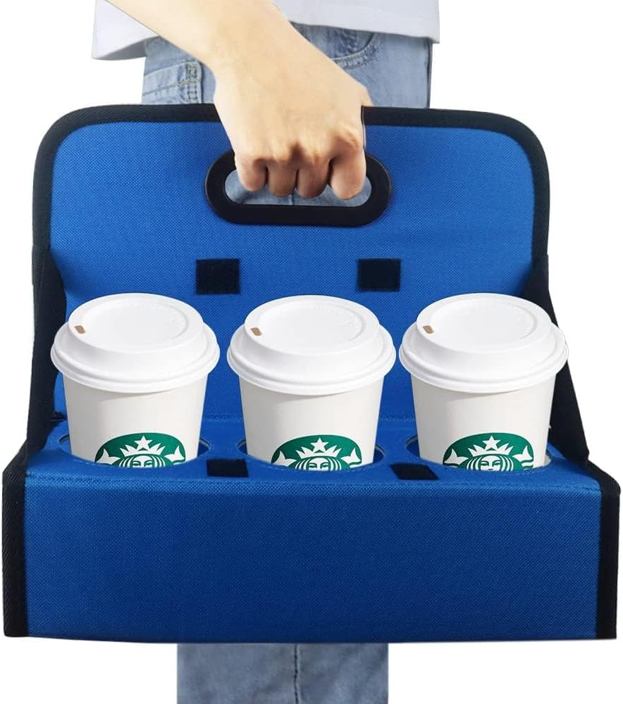 Cup Caddy Portable Drink Carrier or Cans Reusable, 6-Cup Holder with Handle, Folds Flat, Carry Coffee, Wine, Cocktails, Safely Secures Hot and Cold Beverages- for Delivery and Take Out (Black)