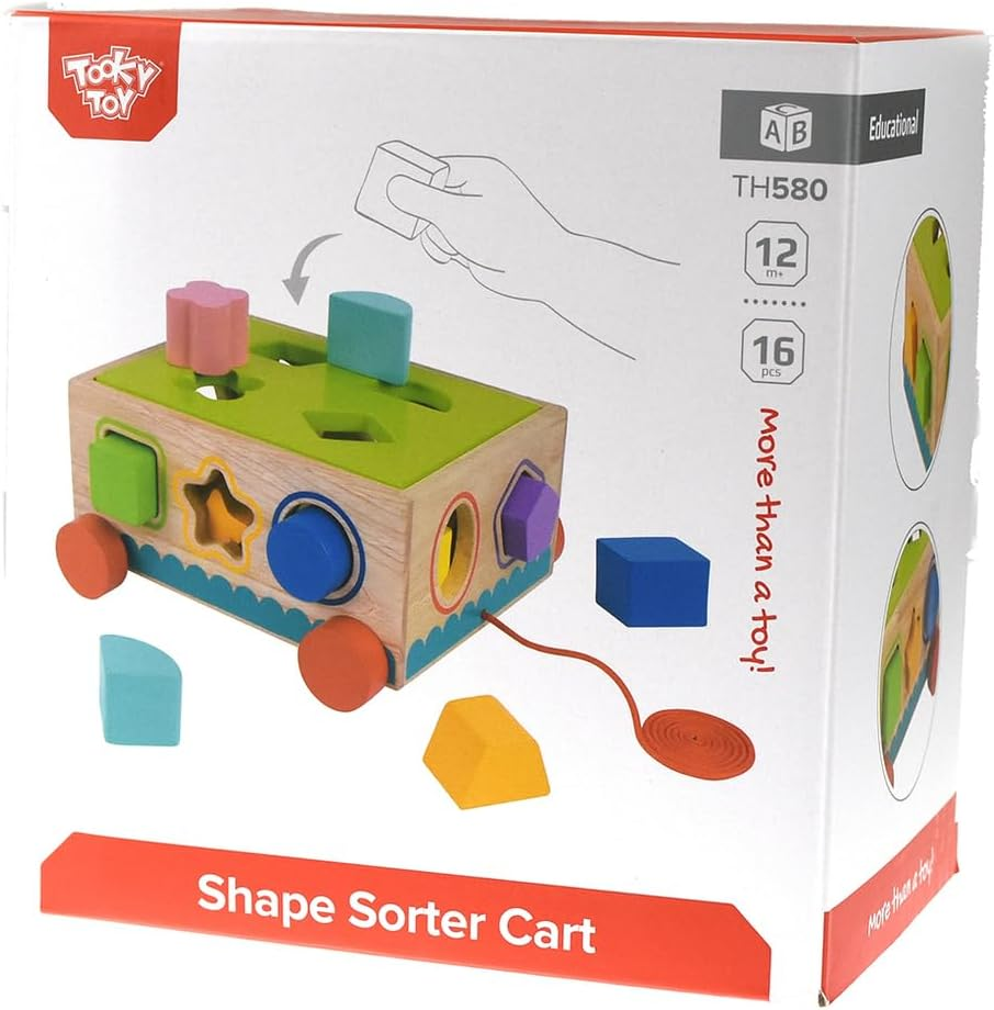 Tooky Toy Woode Shape Sorter Pull along Cart with Wooden Blocks Toddler Toy image number 4