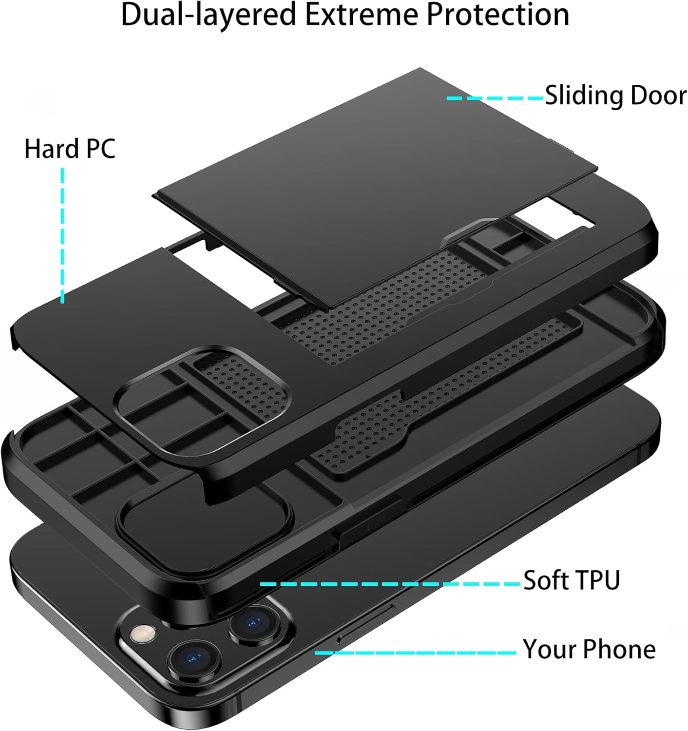 For Iphone 15 Pro Max Case with Card Holder (Store 2 Cards) Wallet Case Slim Dual Layer Heavy Duty Protective Shockproof Hidden Card Slot Phone Case for Iphone 15 Pro Max,Black image number 2