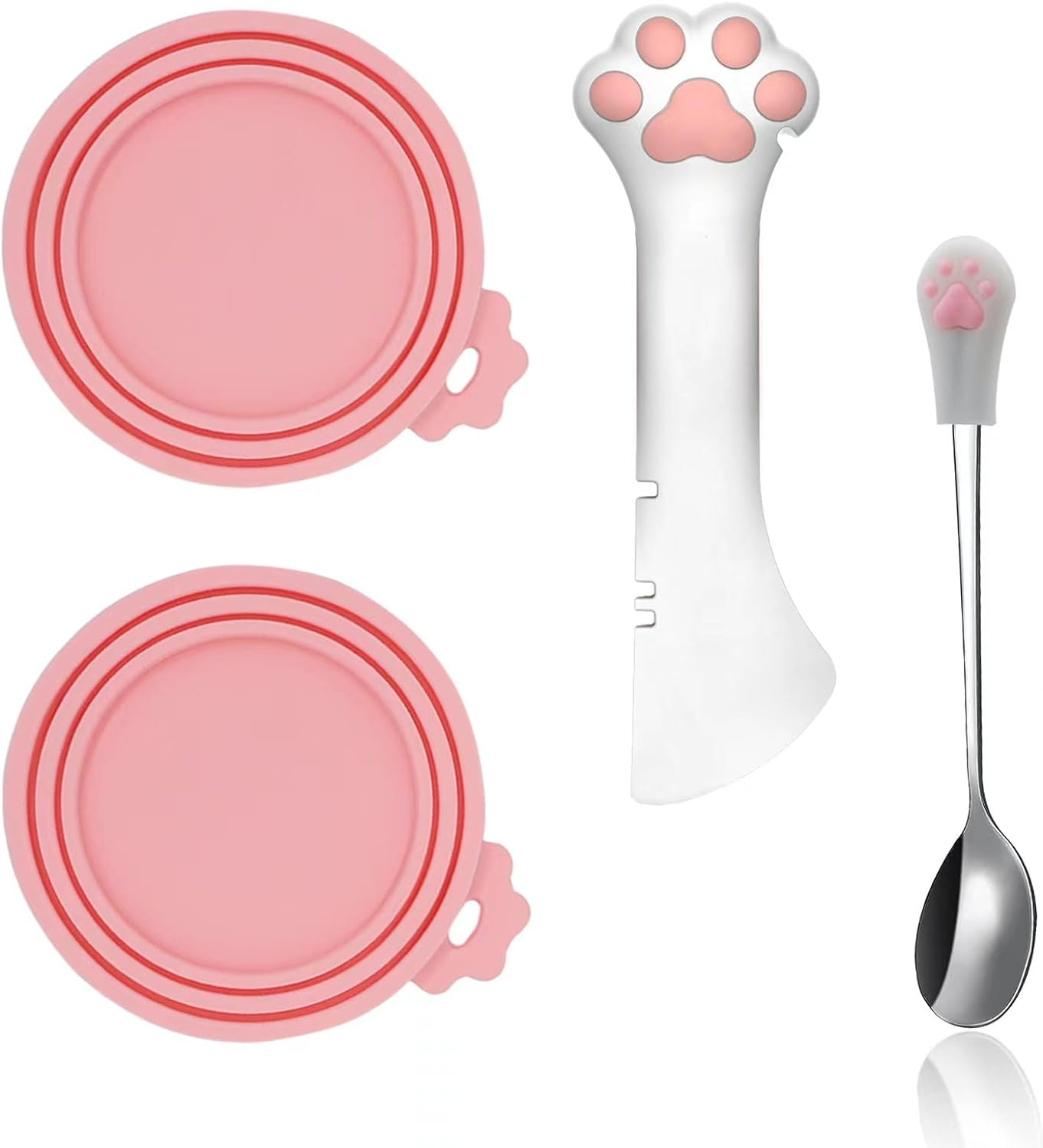 SJANE Cat Food Can Spoons & Can Lids | 4 Pcs | Colorful Multi-Function Cute Paw Shape Can Opener | Universal Silicone Pet Food Can Covers | Wet Food Spatula for Kittens and Dogs(Pink+Blue)