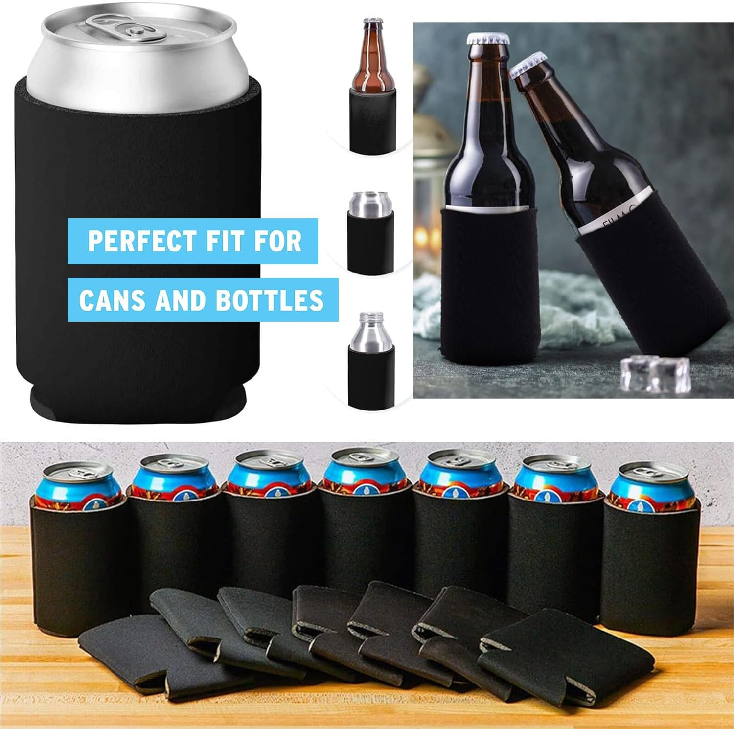 Yharnamite 20 Pcs Blank Beer Can Cooler Sleeves, Beer Can Coolers Sleeves, Soft Insulated Beer Can Cooler Sleeves for Soda, Beer & Water Bottles (Black) - Black image number 2