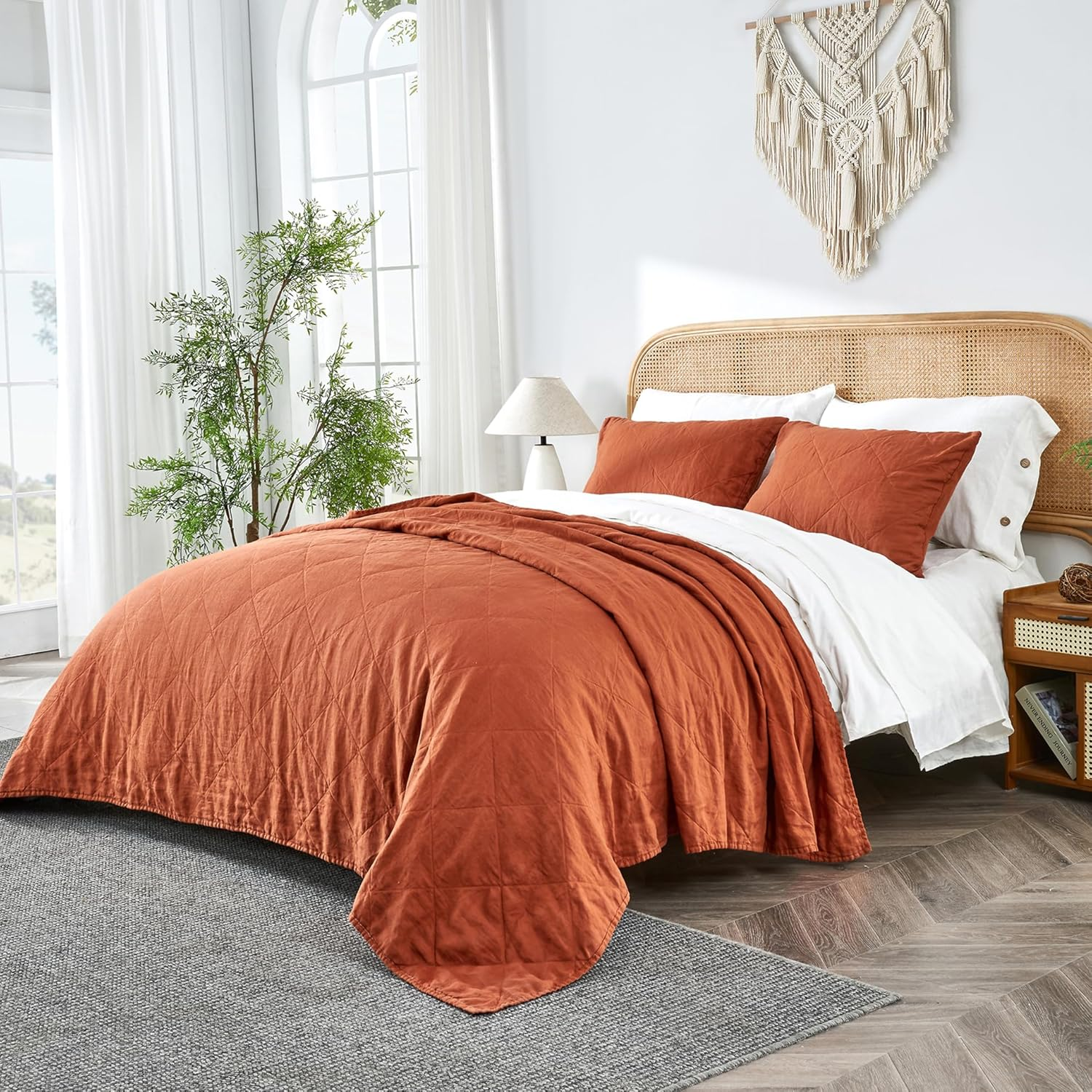 S VICTORY SYMBOL Linen Quilt Set Queen Size-3 Piece Bedding Quilt Coverlets,All Seasons Caramel Bedspreads,Washed Linen Shell and Rayon Derived from Bamboo Filling Quilted Coverlet image number 5