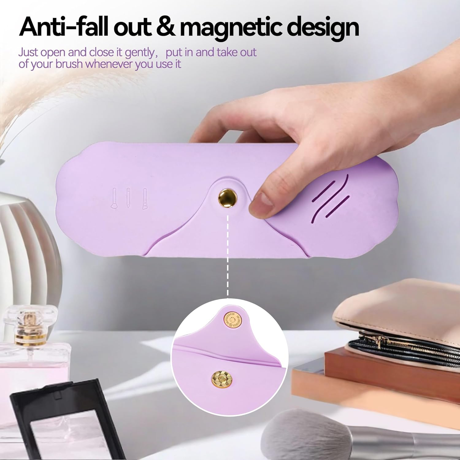 AWINNER Silicone Makeup Brush Holder Travel Cosmetic Bag,Soft Portable Cosmetic Face Brushes Holder with Anti-Fall Out Magnetic Closure, Large Travel Makeup Brush Case, Purple, Modern - Purple image number 3