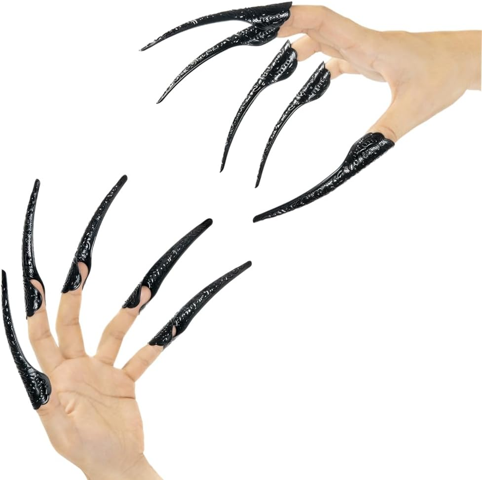 10 Pcs Long Finger Claws ,Cuff Design Adjustable Black Metal Nail Rings Extension,Halloween Articulated Hands Jewelry Fingertip, Cool Stuff Scary Vampire Demon Cat Cosplay Accessories Women Costume image number 1