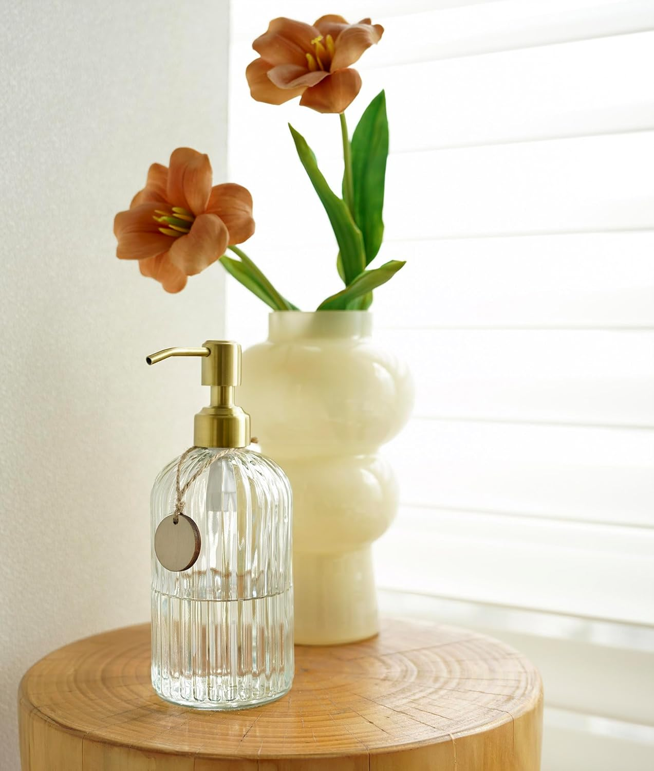 JASAI 2PACK 18Oz Fluted Glass Soap Dispenser with Golden Rust Proof Pump, Refillable Kitchen Soap Dispenser with Vertical Stripe, Bathroom Soap Dispenser for Dispense Hand Soap, Dish Soap, Lotion. image number 6