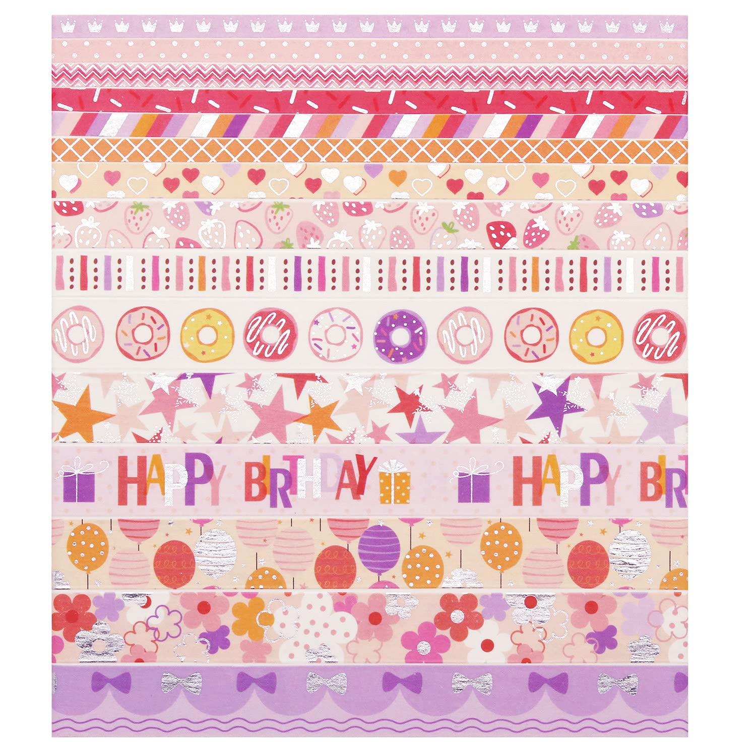 YUBX Birthday Washi Tape Set 15 Rolls Silver Foil Print Decorative Masking Tapes for Arts, DIY Crafts, Bullet Journals, Planners, Scrapbook, Wrapping image number 3