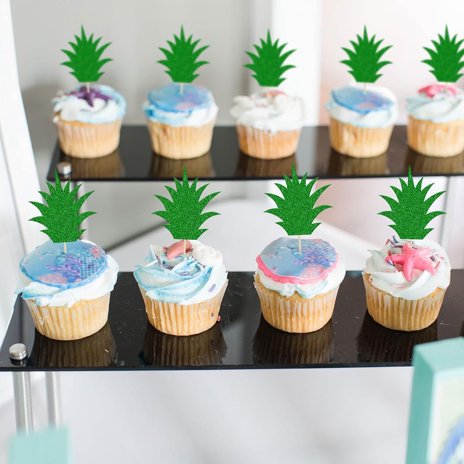 36Pcs Donut Toppers Green Pineapple Cupcake Toppers Green Glitter Pineapple Picks for Luau Bridal Shower Tropical Summer Party Cake Food Decoration Supplies