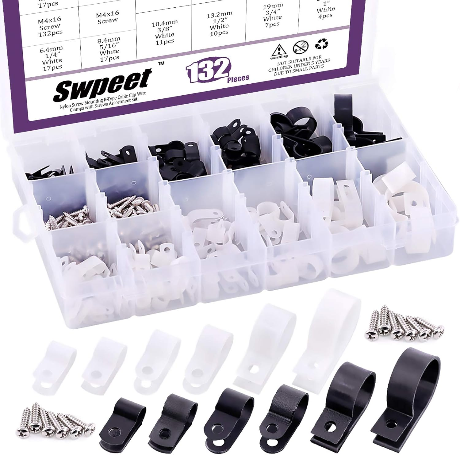 Swpeet 135 Pack 6 Sizes White Nylon Plastic R-Type Cable Clips Clamp Assortment Kit, 1/4" 5/16" 3/8" 1/2" 3/4" 1" Nylon Screw Mounting Cord Fastener Clips with 135 Pack Screws for Wire Management
