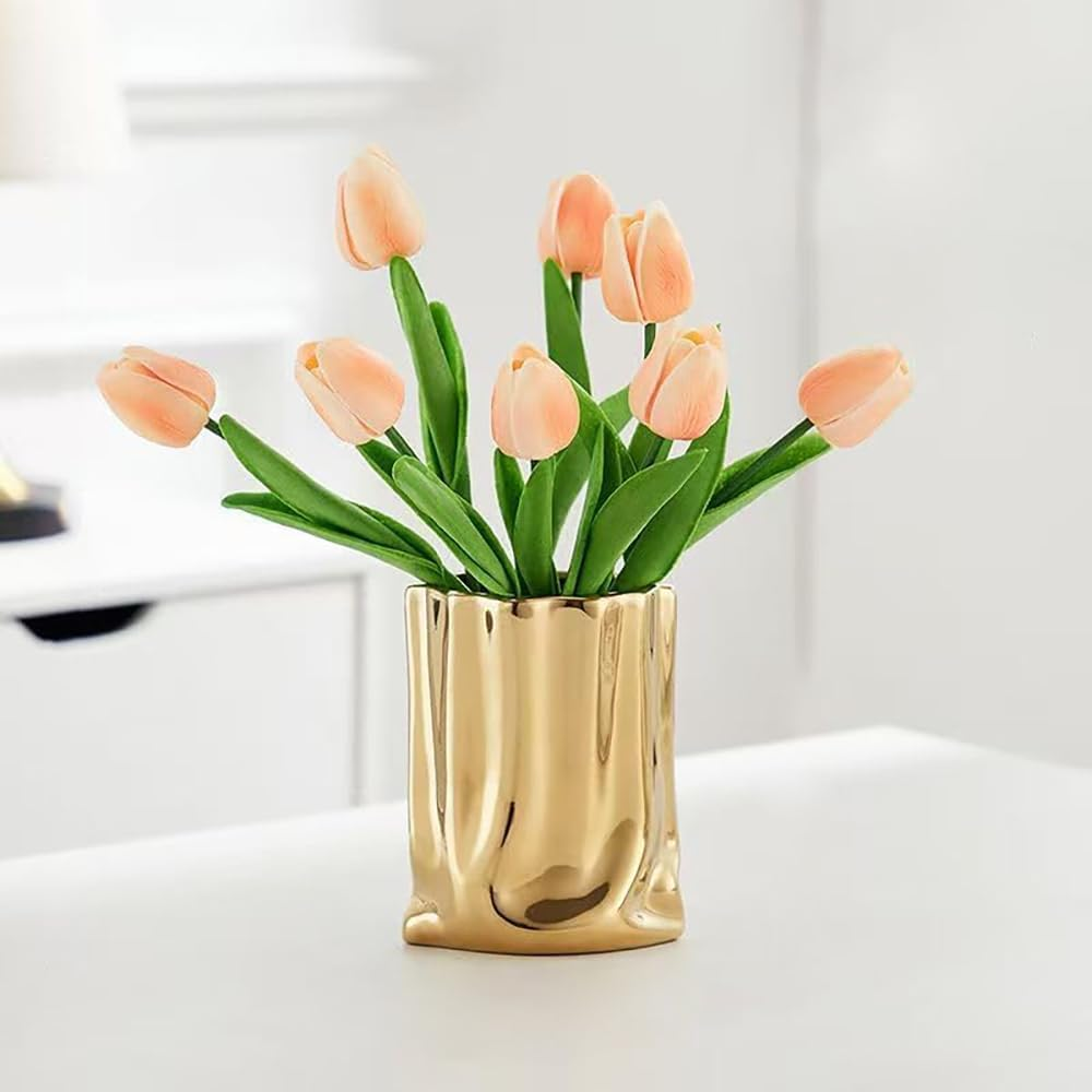 Hbluefat Fake Flowers with Vase, Silk Tulip Artificial Flowers in Flat Ceramics Vase, Small Faux Flower Arrangement for Home Office Decoration, Dining Table Centerpiece (Sunset Red,Silver)