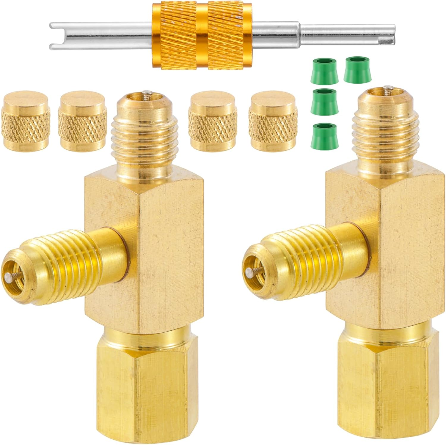 Quick Coupler Access Tee, 1/4'' Valves Core Quick Coupler Tee Adapter with Swivel Connector for Gauge Deep Vacuum Pump Manifold 2PC