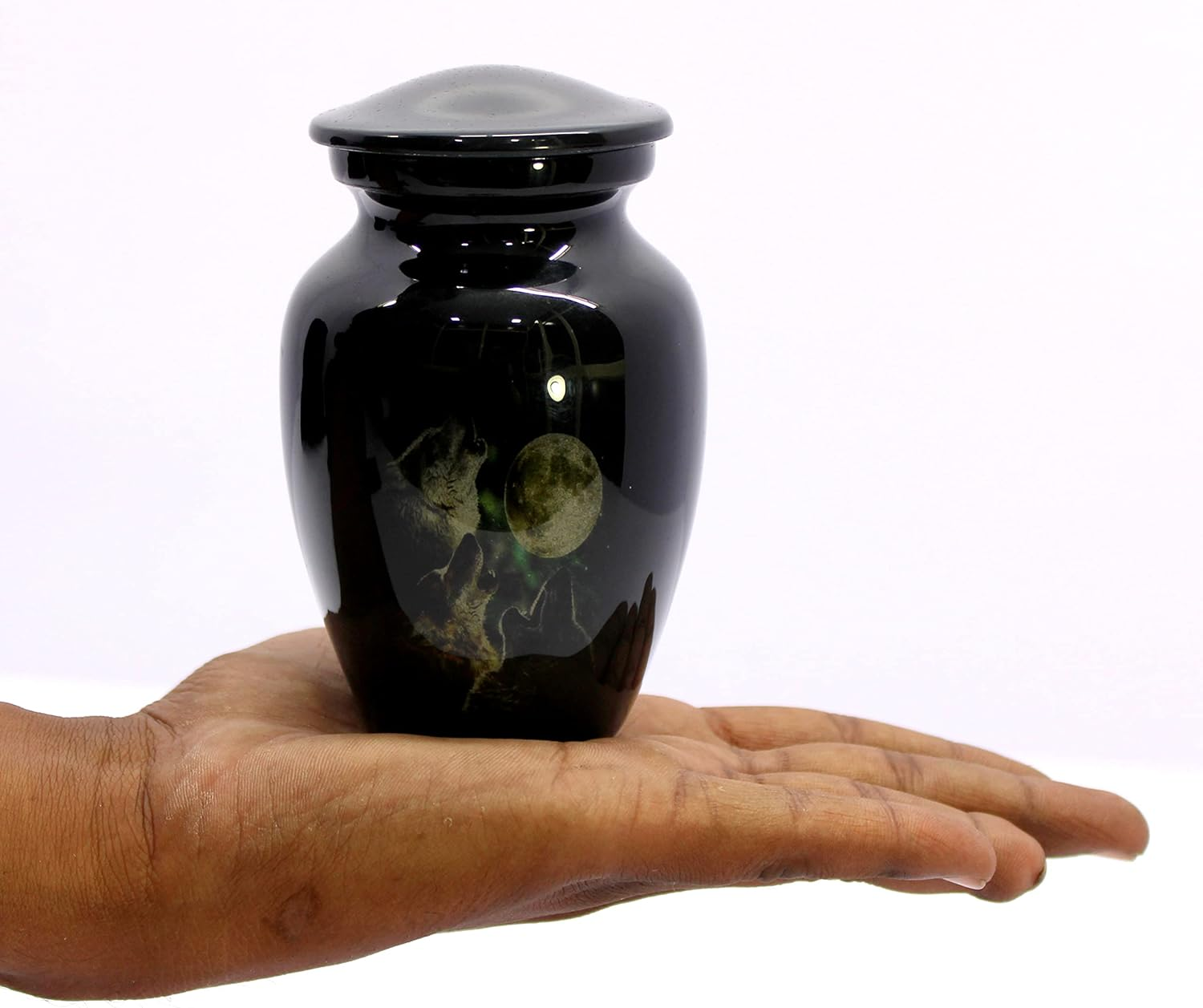 Esplanade Mini Cremation Urn Memorial Jar Pot Container | Small Metal Urn for Funeral Ashes Burial | Wolves with Moon Printed Metal Keepsake | Black - 4.5" Inches image number 2