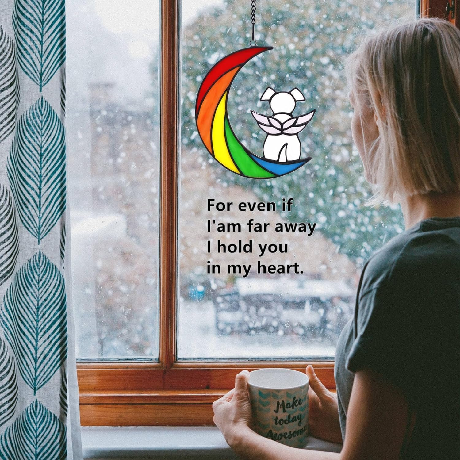 White Dog Stained Glass Window Hanging,Dog Suncatcher for Window, Sun Catchers Indoor Window for Dog Lovers,Cute Puppy on Moon Decor,Rainbow Bridge Pet Memorial (Style1, One Size) image number 1