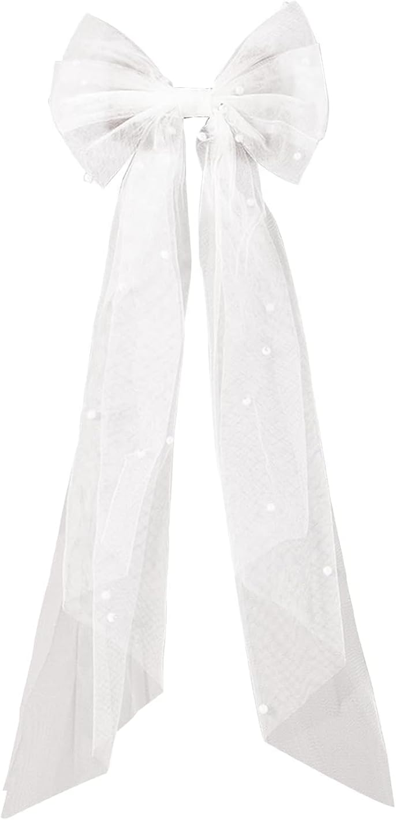 Kuskins White Bridal Hair Bow Veil with Pearl - Large Bride Hair Clip Accessories for Bachelorette Party, Bridal Shower, Wedding & Bach Party Decorations (Elegant Bridal Gift)