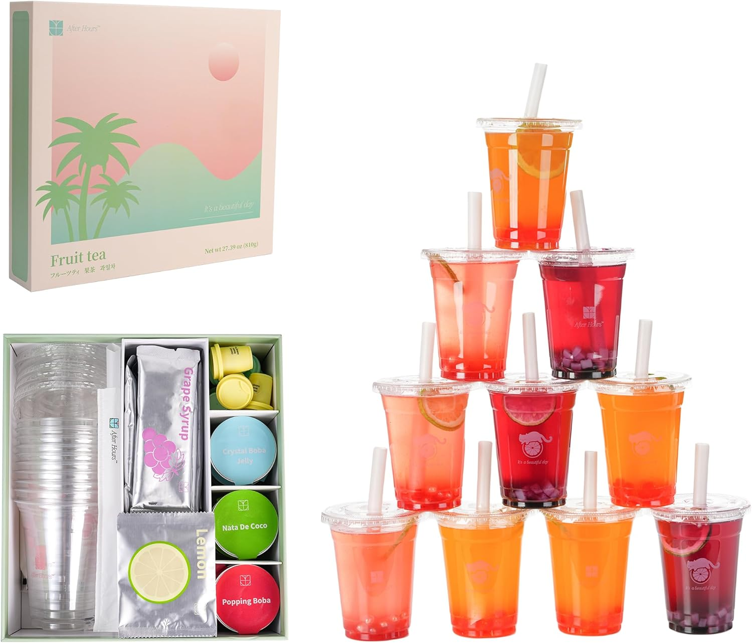 Boba Fruit Tea Kit for Party, 10 Drinks, Natural Tea&Vitamin C Based, Lychee & White Peach with Popping Boba, Grapefruit & Guava with Nata De Coco, Grape Syrup with Crystal Boba Jelly