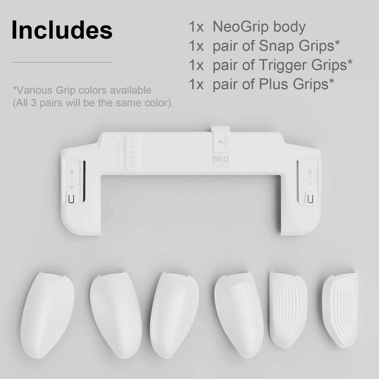 Skull & Co. Neogrip: an Ergonomic Grip Hard Shell with Replaceable Grips [To Fit All Hands Sizes] for Nintendo Switch OLED and Regular Model [No Carrying Case] - White image number 2