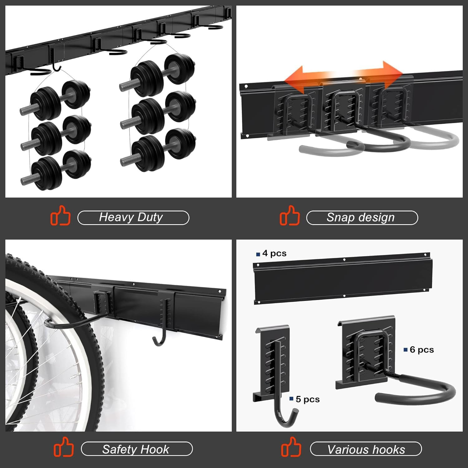 Bike Storage Rack, 6 Bike Racks & 5 Hooks for Garage, Wall Mount Vertical Bicycles Hanger for Home Space Saving, up to 600Lbs, 64-Inch image number 3