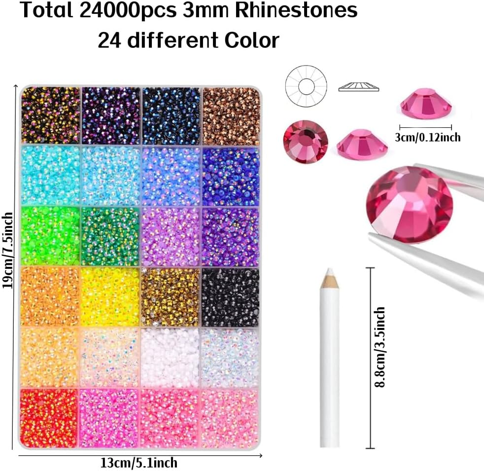 24000Pcs Nail Art Rhinestones Kit, 24Assorted Colours, with Tweezers Tool and Pencil,Round Nail Flatback Rainbow Gems Set (3Mm ) image number 2