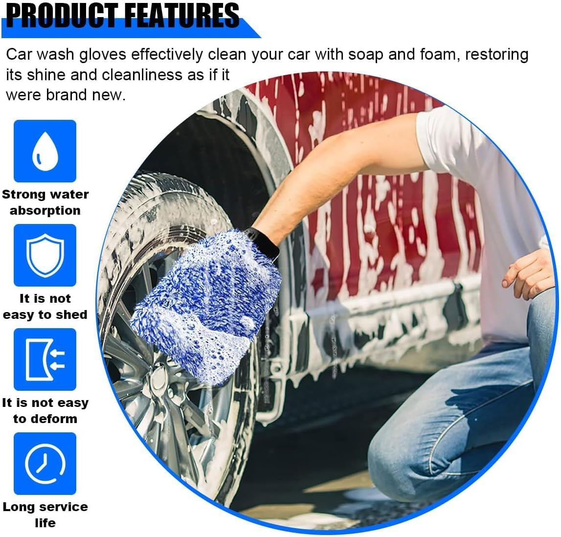 2PCS Microfiber Car Wash Mitts, Cyclone Ultra Absorbent Car Washing Gloves, Hold Tons of Sudsy Water, Machine Washable, Lint Free & Scratch-Free, Cleaning Mitts for Car Truck Boat (Blue, 27*18*5Cm) image number 2