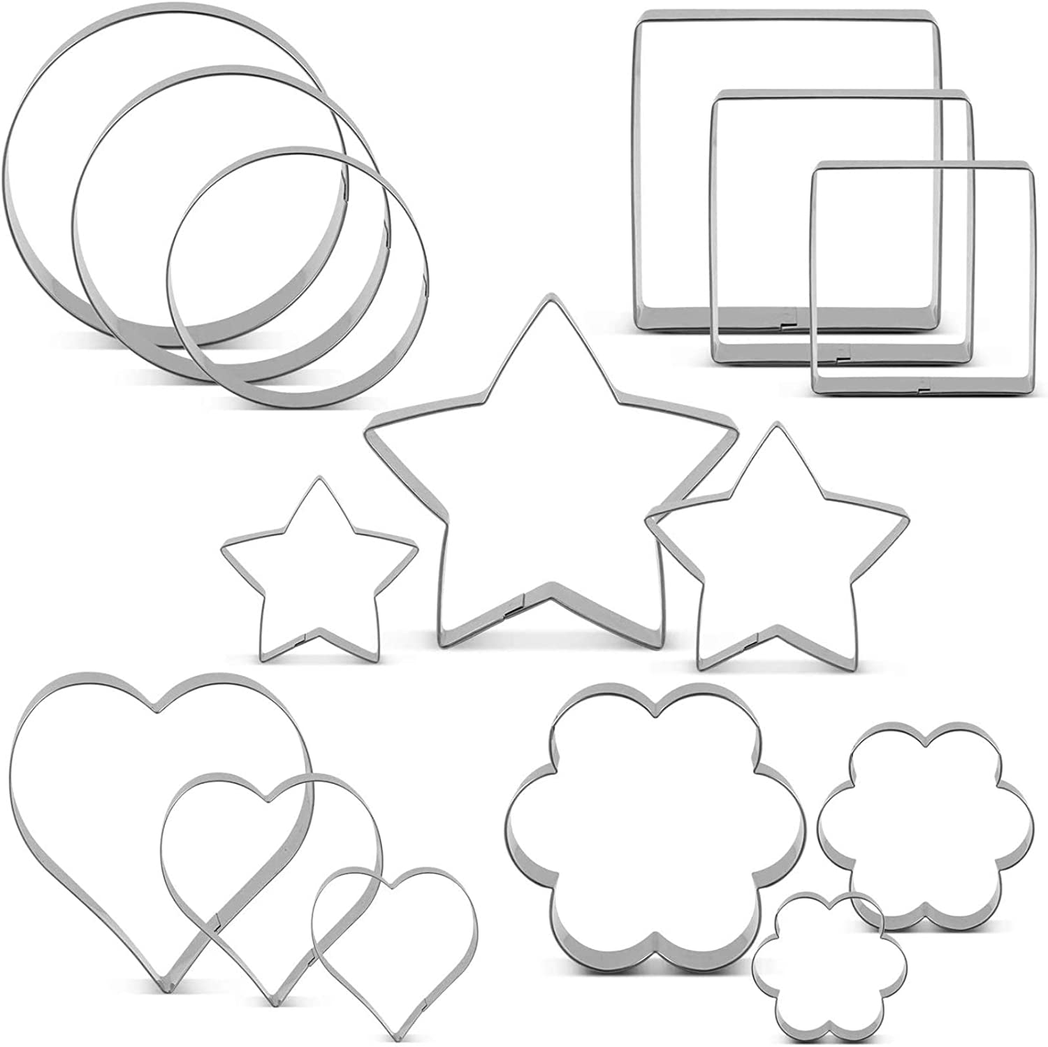 15 Pieces Large Cookie Cutter Set Stainless Steel Cake Cutter Bread Fondant Biscuit Cutters Star Heart round Flower Square Shape