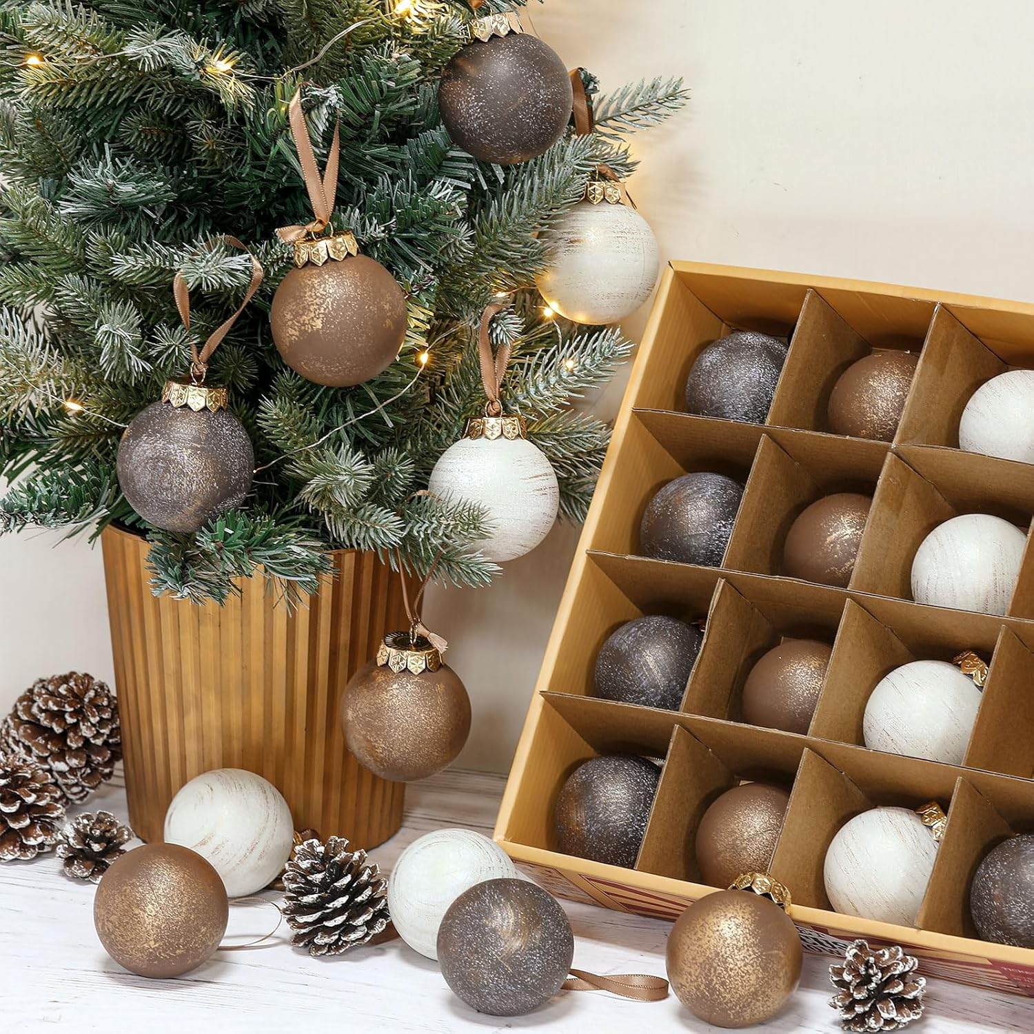 Yunlly 24 Pcs Textured Christmas Ball Ornaments 2.36'' Neutral Christmas Tree Decor Vintage Rustic Hanging Decor Shatterproof Home Ornaments for Xmas Winter Farmhouse Decoration (Vintage Copper) - 12, Dark Color image number 7
