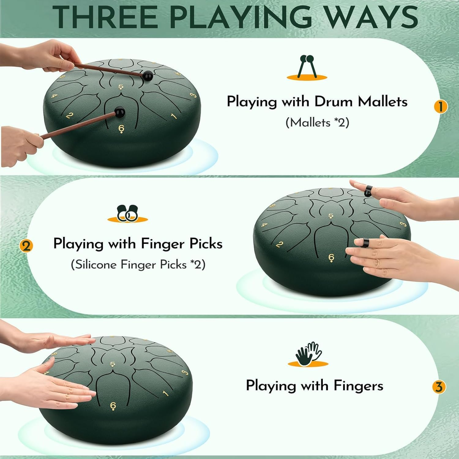 Steel Tongue Drum, Rain Drum with Bag, Handpan Drum Musical Instruments with Music Book, Drums Mallets, Mallet Holder, Finger Picks, Tongue Drum for Adult, Kids, 11 Notes 6 Inches (Deepgreen) image number 6